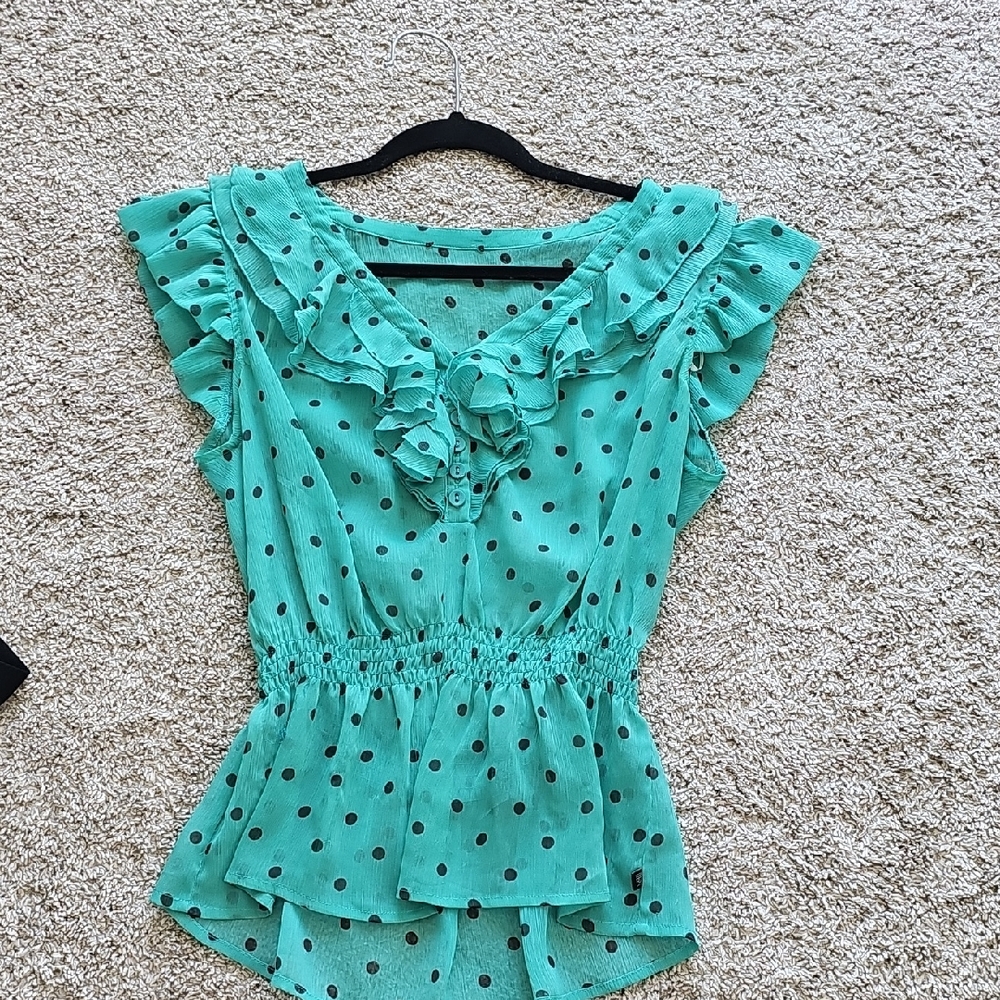 Elegant Green Polka Dot Ruffle Blouse